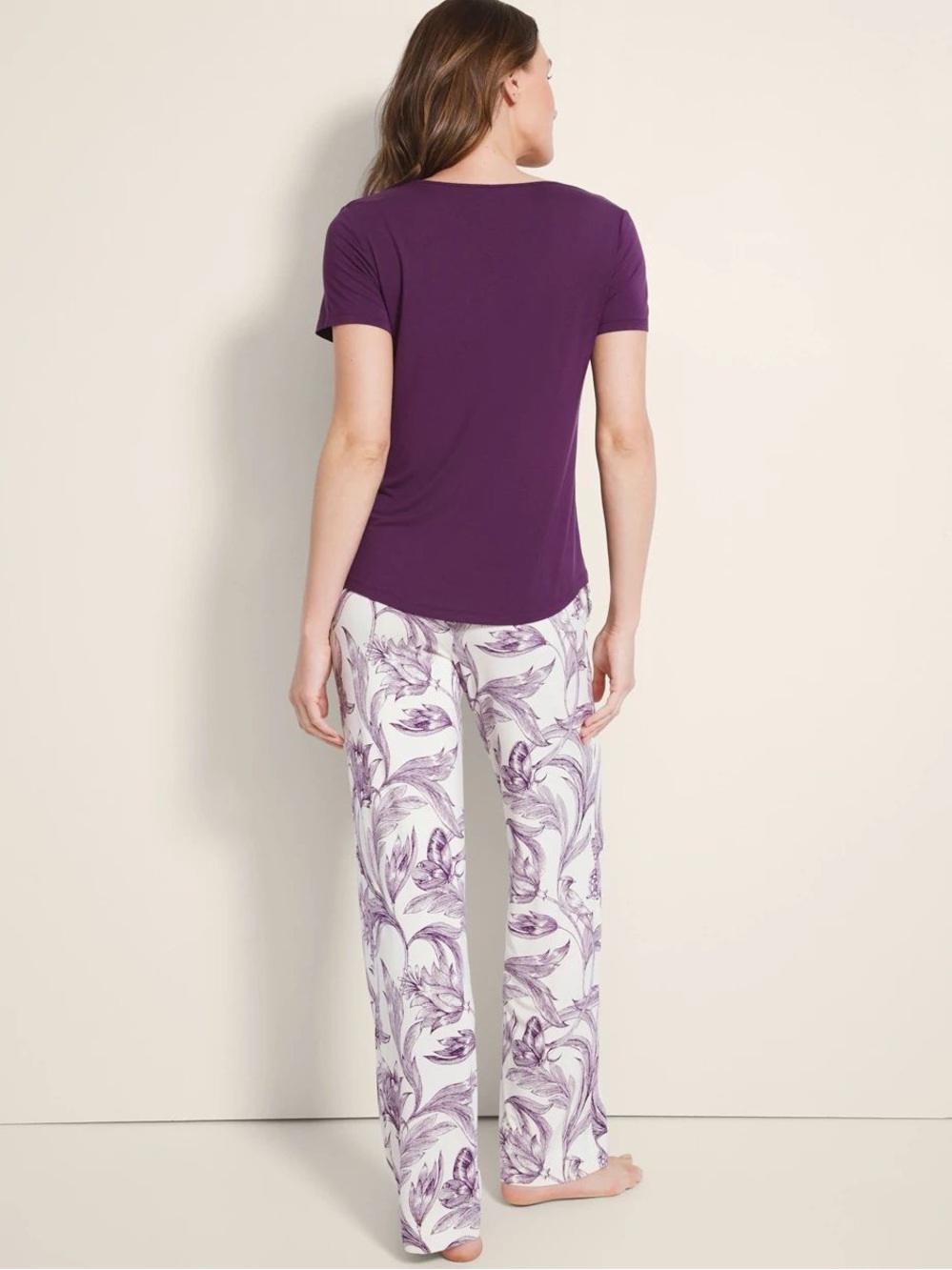 Soma Plum Short-Sleeve Pajama Set with Floral Pants Size M - Picture 2 of 5